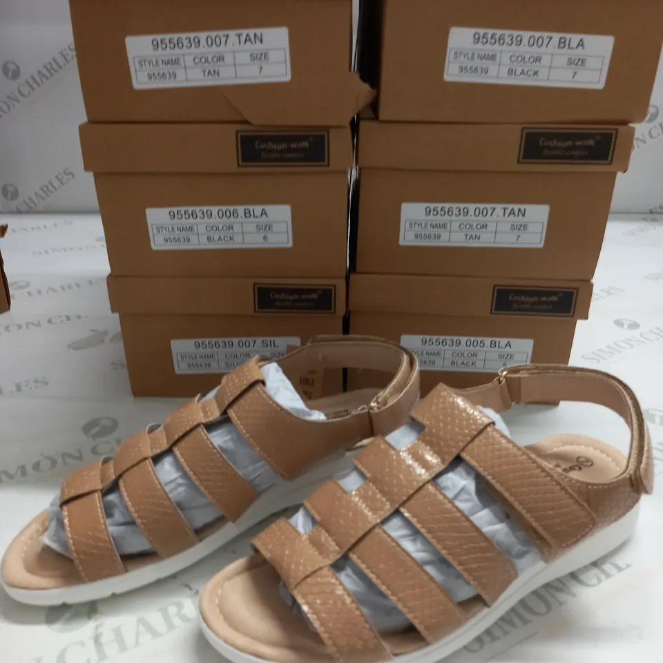 LOT OF 7 BOXED PAIR OF CUSHION WALK ONE TOUCH CLOSE SANDALS IN VARIOUS SIZES AND COLOURS