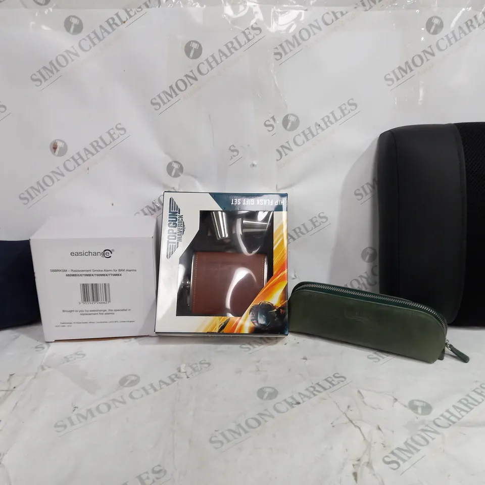 BOX OF APPROXIMATELY 10 ASSORTED ITEMS TO INCLUDE - TOP GUN MAVERICK FLASK - KHAKI PENCIL CASE - SMOKE ALARM ECT