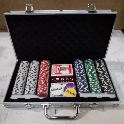 BOXED DISPLAY4TOP TEXAS HOLDEM POKER CHIPS SET WITH ALUMINUM CASE,2 DECKS OF CARDS, DEALER, SMALL BLIND, BIG BLIND BUTTONS AND 5 DICE