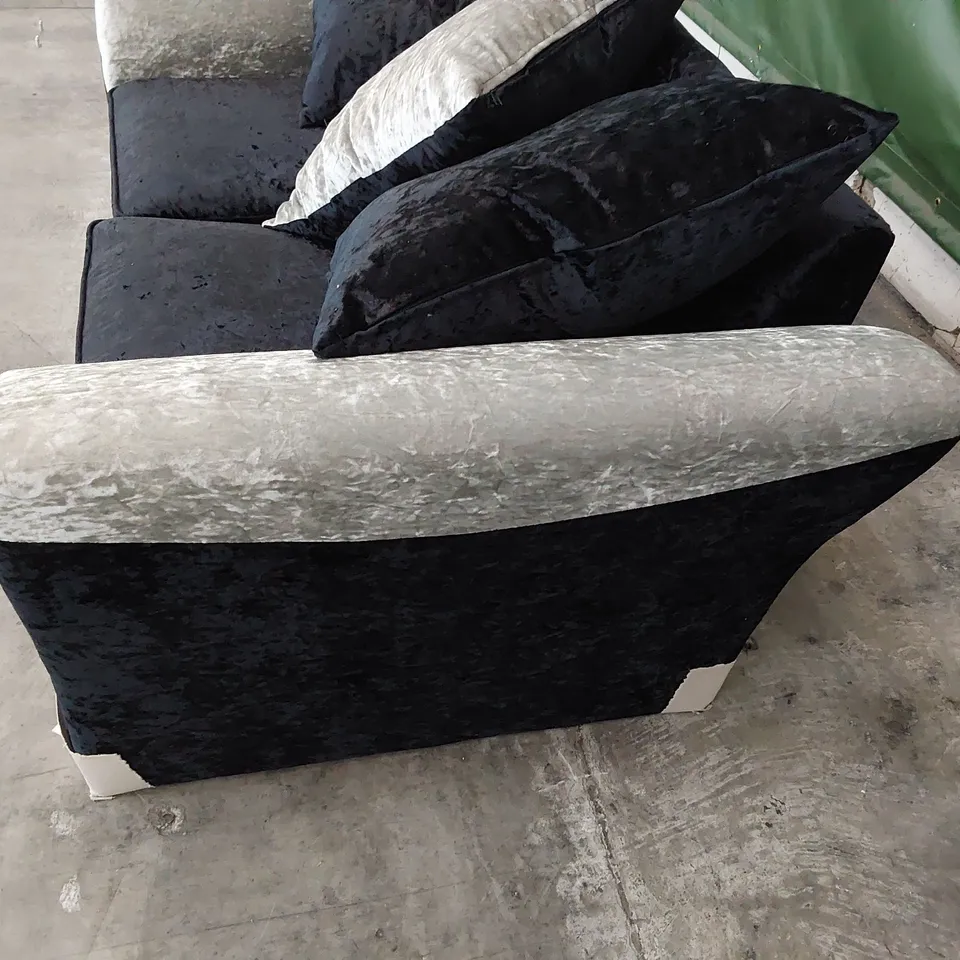 DESIGNER ZULU TWO SEATER SOFA WITH SCATTER CUSHIONS BLACK/ SILVER CRUSHED PLUSH FABRIC
