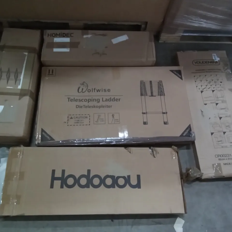 PALLET OF ASSORTED ITEMS INCLUDING WOLFWISE TELESCOPING LADDER, HOMIDEC DRYING RACK, HODOAOU, VERSATILE COAT STAND, YOUDENOVA CLOTHING RACK