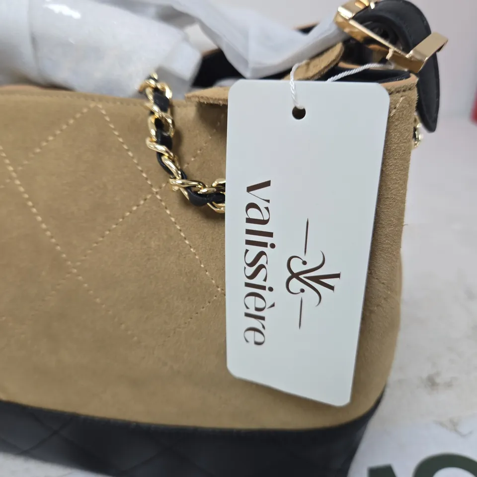 VALISSIME HANDBAG – BEIGE QUILTED TWO-TONE WITH BLACK BASE, CHAIN STRAP