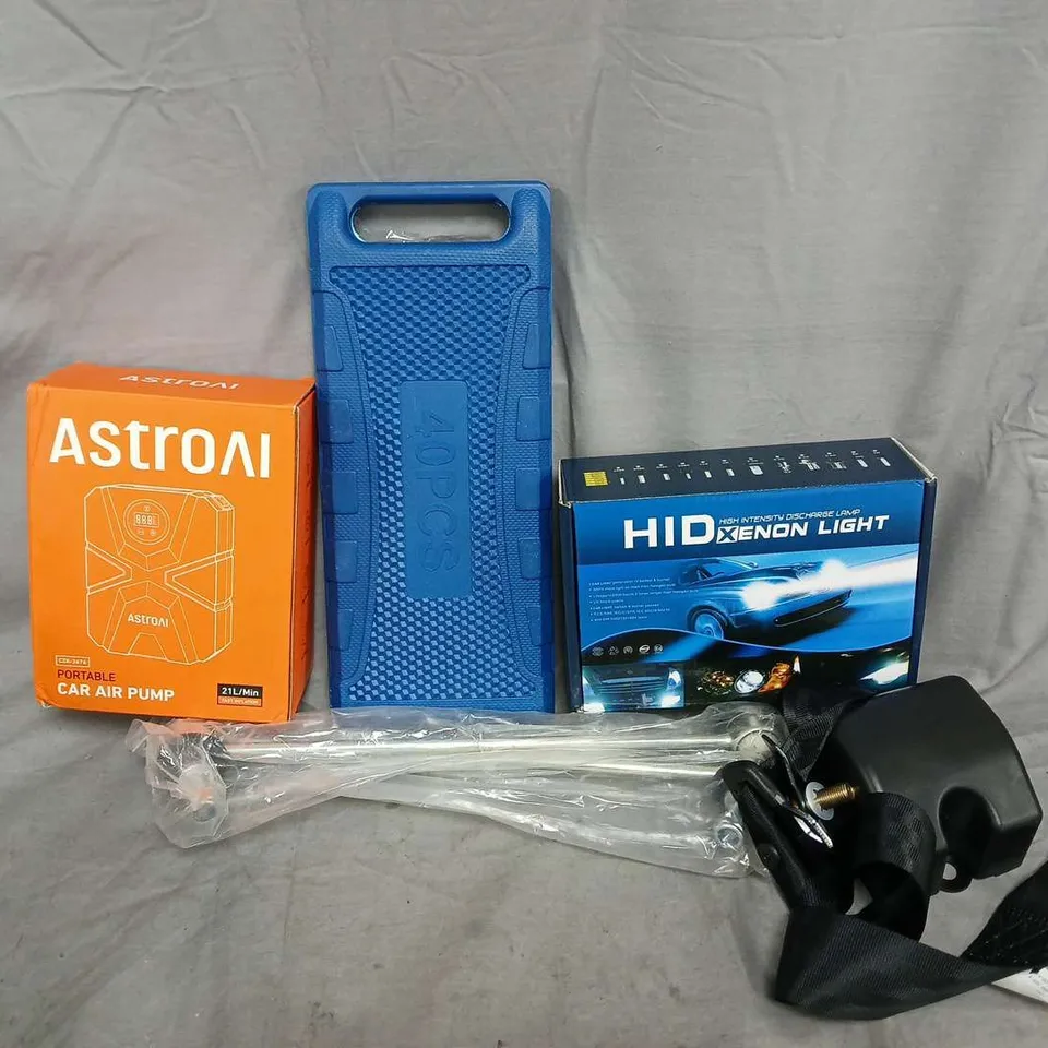 APPROXIMATELY 7 ASSORTED VEHICLE PARTS & ACCESORIES TO INCLUDE ASTRONI CAR AIR PUMP, HID XENON LIGHTS, SEATBELT UNIT, ETC