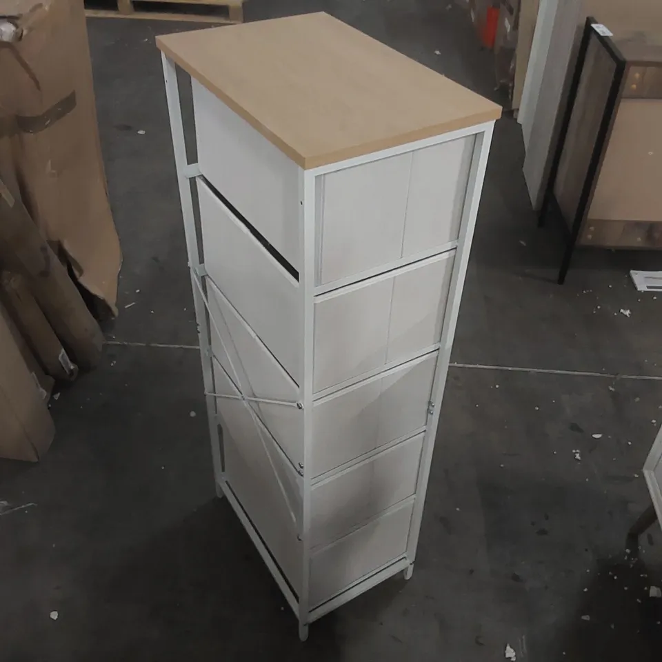 CHEST OF DRAWERS BEDROOM, DRAWER STORAGE UNIT, DRESSER WITH 5 FABRIC DRAWERS, METAL FRAME, TALL AND SLIM, FOR CLOSET, DOVE GREY AND CREAM WHITE