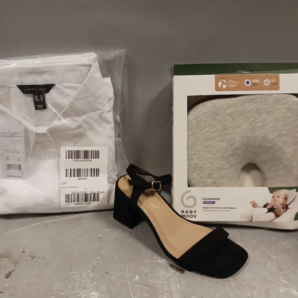 BOX OF APPROXIMATELY 5 ASSORTED ITEMS TO INCLUDE - NEW LOOK OPEN TOE HEELS , BABY MOOV LOVE NEST , NEW LOOK POPLIN SHIRT SIZE 20 ETC