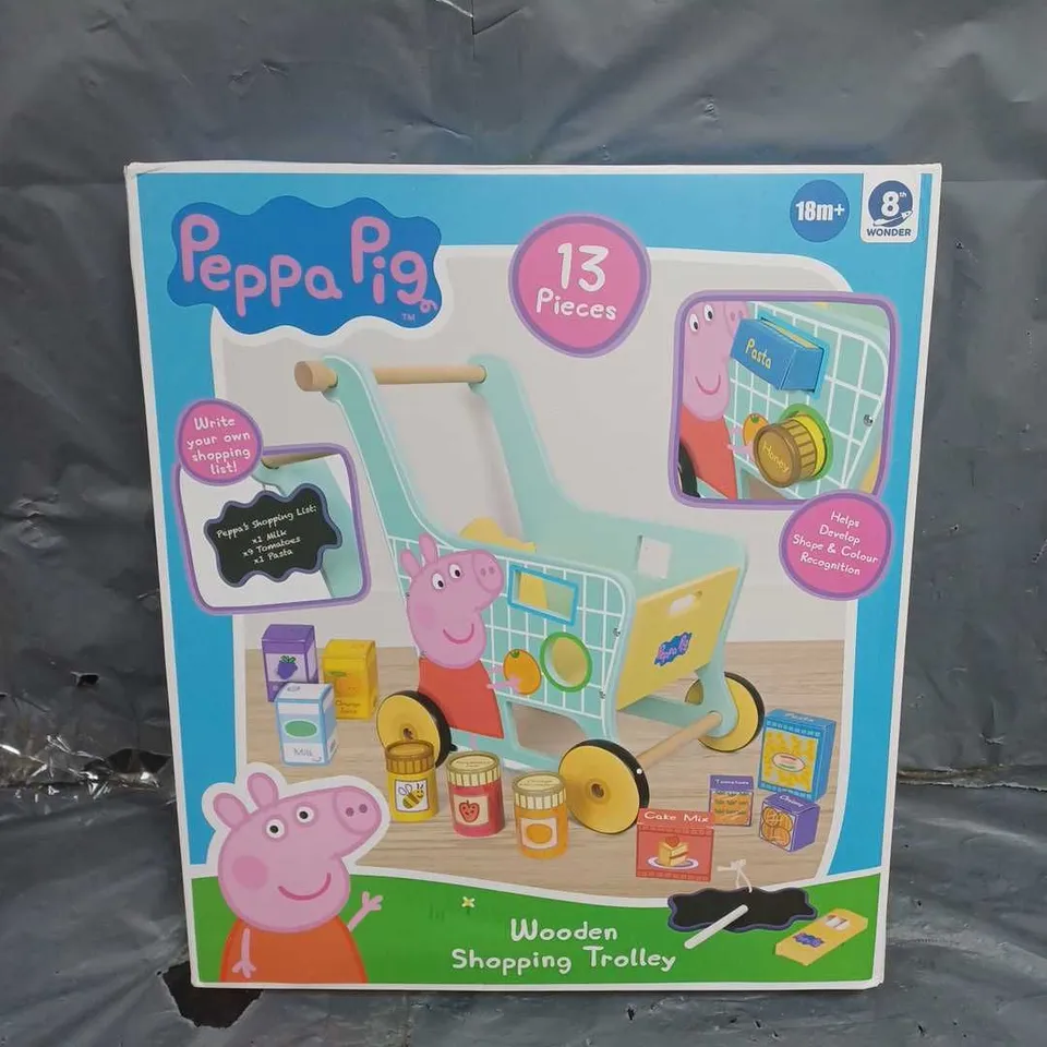 BOXED PEPPA PIG SHAPE SORTING WOODEN SUPER MARKET TROLLEY