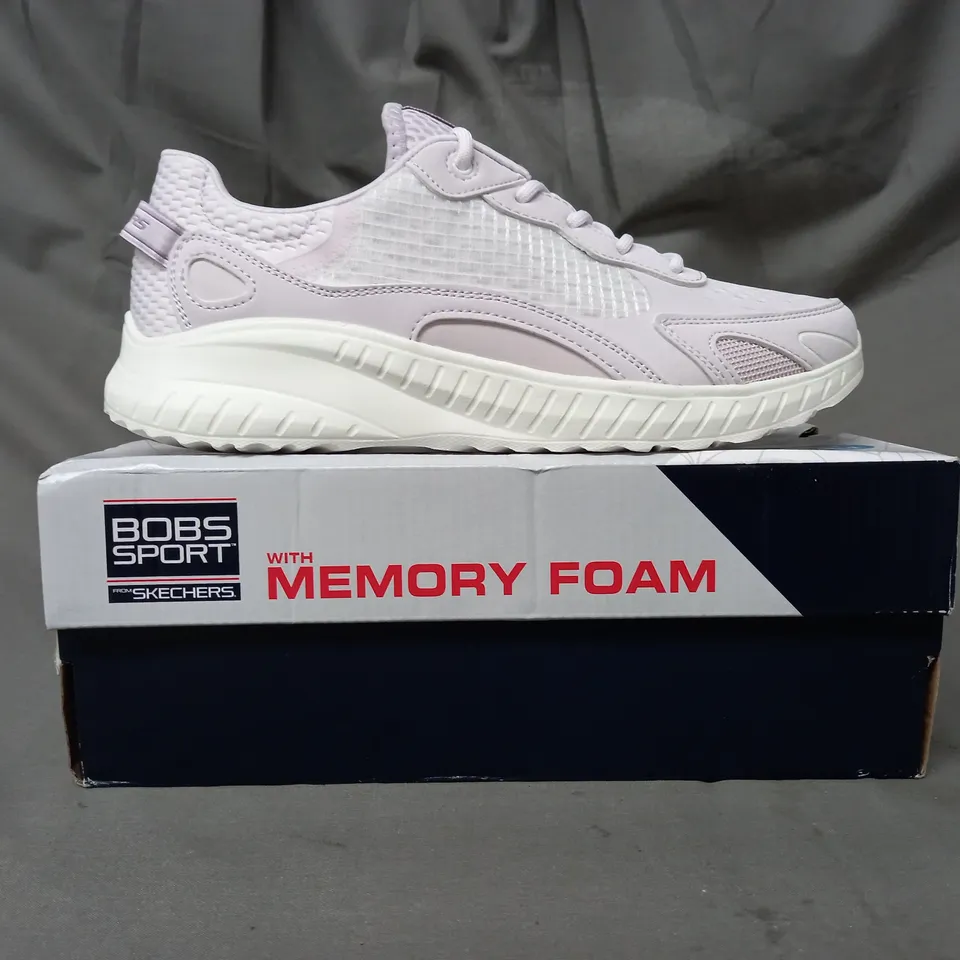 BOXED PAIR OF SKECHERS BOBS SQUAD COSMIC TRAINERS IN LAVENDER SIZE 5