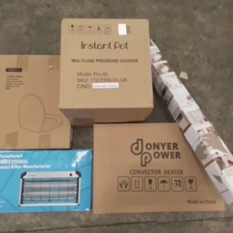 PALLET OF ASSORTED ITEMS INCLUDING CONVECTOR HEATER, MULTI-USE PRESSURE COOKER, TOILET SEAT, INSECT KILLER, RETRACTABLE SAFETY GATE