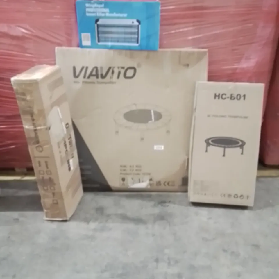 PALLET OF ASSORTED HOUSEHOLD GOODS AND PRODUCTS TO INCLUDE; MINI FITNESS TRAMPOLINE,40" FOLDING TRAMPOLINE,48 INCH HEXAGON,INSECT KILLER MACHINE 
