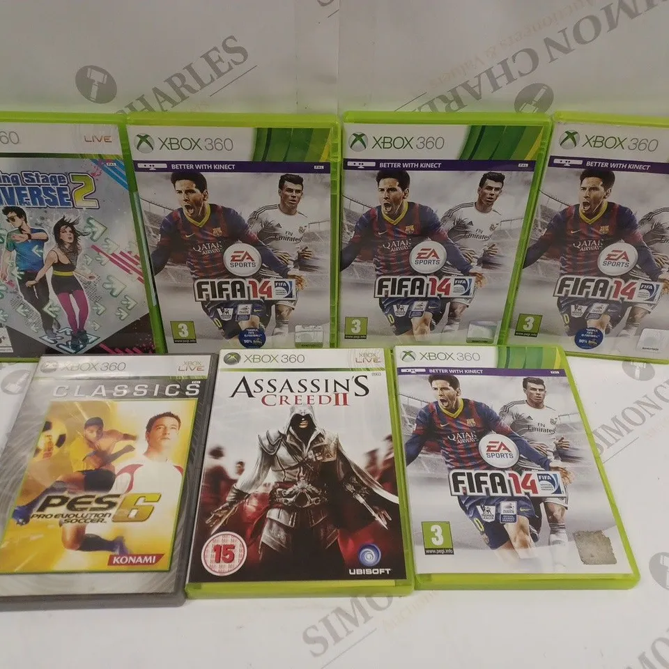 APPROXIMATELY 15 ASSORTED XBOX 360 VIDEO GAMES TO INCLUDE FIFA 14, ASSASSIN'S CREED II, PES 6 ETC 