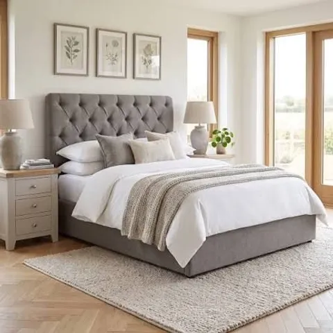 BOXED CHESTERFIELD BUTTON 6FT SUPER KING SIZE STORAGE OTTOMAN BED - GREY LINEN FABRIC 2 BOXES