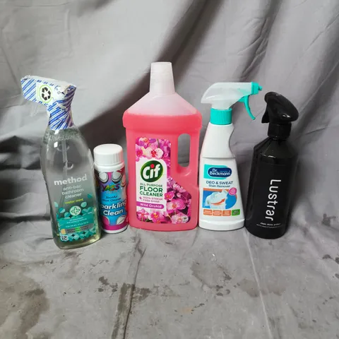 TOTE OF APPROXIMATELY 15 HOUSEHOLD LIQUIDS TO INCLUDE METHOD ANTI-BAC BATHROOM CLEANER, CIF FLOOR CLEANER AND DR BECKMAN DEO & SWEAT STAIN REMOVER