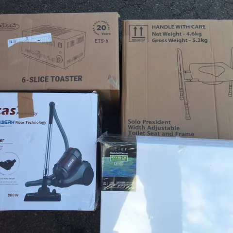 PALLET OF ASSORTED HOUSEHOLD ITEMS TO INCLUDE DELUXE VACUUM CLEANER, STRETCHED CANVASES AND 6-SLICE TOASTER
