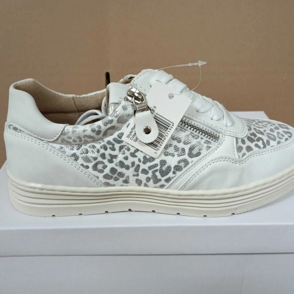 BOXED PAIR OF SHOES BY EMMA ENEA OSPREY WHITE LEOPARD-PRINT SNEAKERS - UK SIZE 5