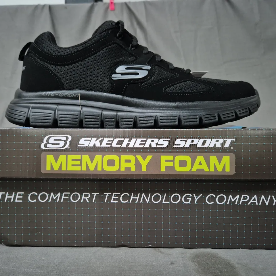 BOXED PAIR OF SKECHERS SHOE SIN BLACK UK SIZE 9