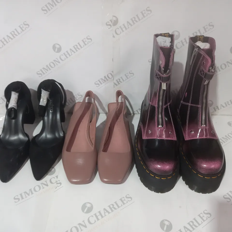 BOX OF APPROXIMATELY 15 ASSORTED PAIRS OF SHOES AND FOOTWEAR ITEMS IN VARIOUS STYLES AND SIZES TO INCLUDE DR MARTENS, NEXT, BOOHOO, ETC