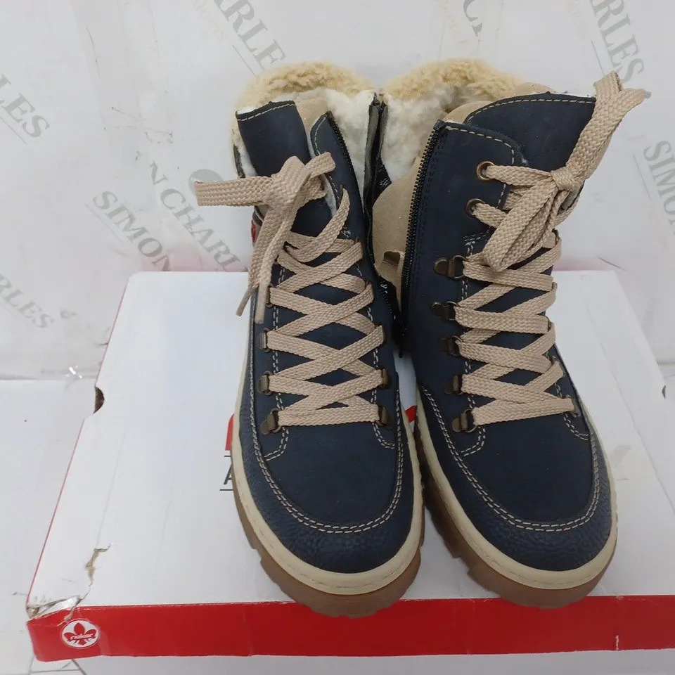 BOXED PAIR OF RIEKER LACE UP CHUNKY BOOTS IN NAVY SIZE 5 
