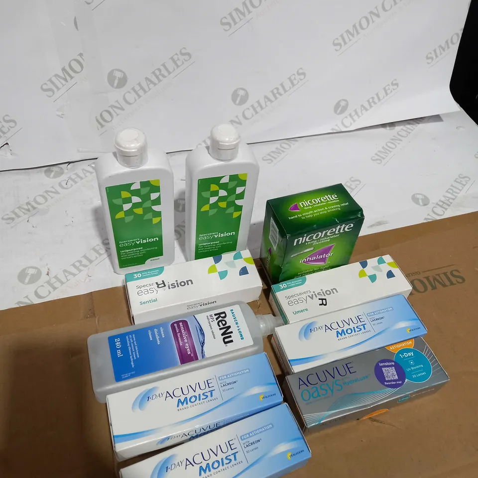 BOX OF ASSORTED MEDICAL APPLIANCES TOO INCLUDE NICORETTE PATCHES , EYE LENSES AND EYE DROPS 