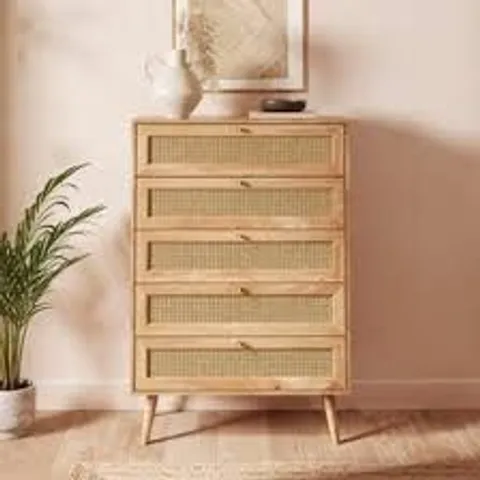 BOXED JORDYN 5 DRAWER CHEST, MANGO WOOD EFFECT - LIGHT OAK EFFECT (1 BOX)