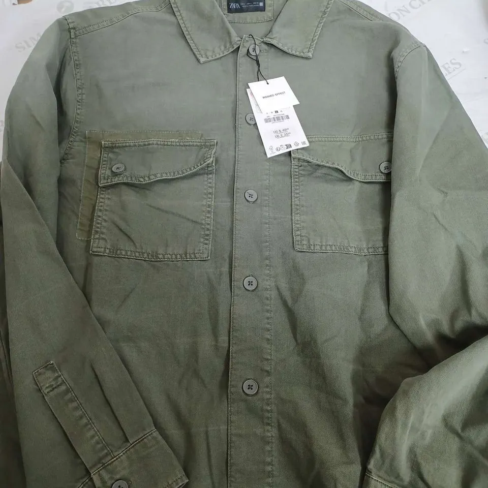 ZARA WASHED EFFECT DENIM KHAKI JACKET - LARGE