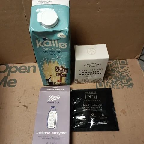 APPROXIMATELY 10 ASSORTED FOOD/DRINK PRODUCTS TO INCLUDE GOOD GUT SUPPLEMENT, ENGLISH BREAKFAST TEABAGS, KALLO DRINK ETC