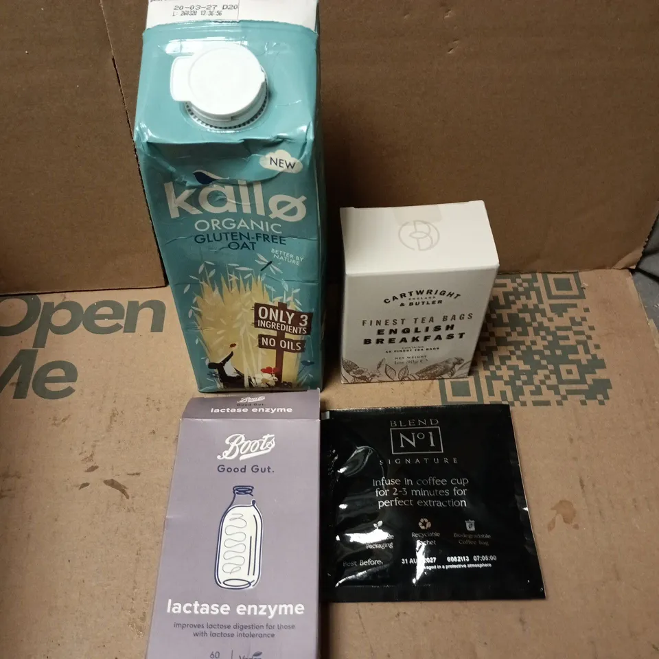 APPROXIMATELY 10 ASSORTED FOOD/DRINK PRODUCTS TO INCLUDE GOOD GUT SUPPLEMENT, ENGLISH BREAKFAST TEABAGS, KALLO DRINK ETC