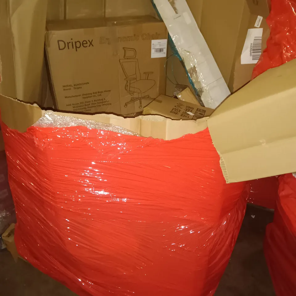 PALLET OF ASSORTED ITEMS TO INCLUDE ERGONOMIC CHAIR, 52" CEILING LIGHT AND MULTIFUNCTION FOOD PROCESSOR 