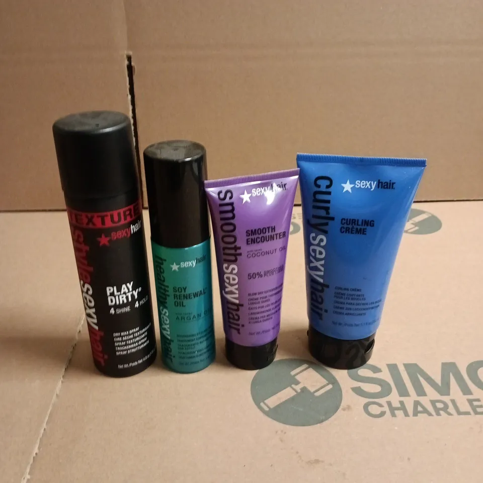 BOX OF APPROXIMATELY 7 SEXY HAIR HAIRCARE PRODUCTS TO INCLUDE CURLING CREME, DRY WAX SPRAY AND SOY RENEWAL OIL SPRAY