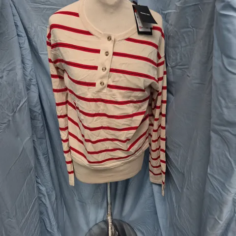 MASSIMO DUTTI STRIPED KNIT POLO SHIRT, UK S – BEIGE WITH RED STRIPES