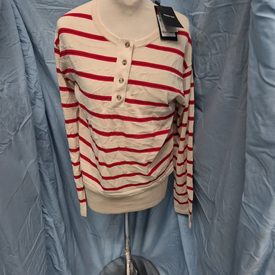 MASSIMO DUTTI STRIPED KNIT POLO SHIRT, UK S – BEIGE WITH RED STRIPES
