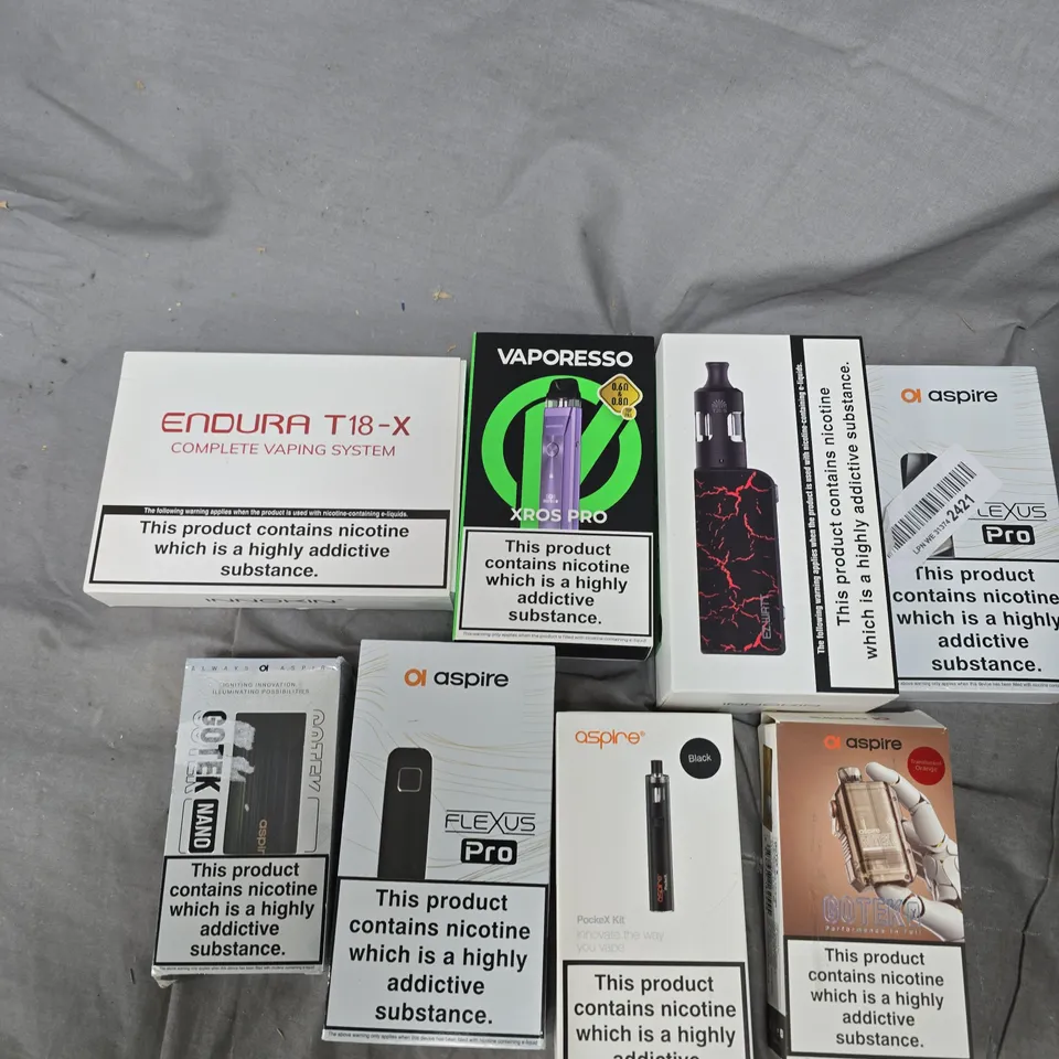 APPROXIMATELY 15 ASSORTED E-CIG PRODUCTS AND ACCESSORIES TO INCLUDE VAPORESSO, ASPIRE, ENDURA ETC 