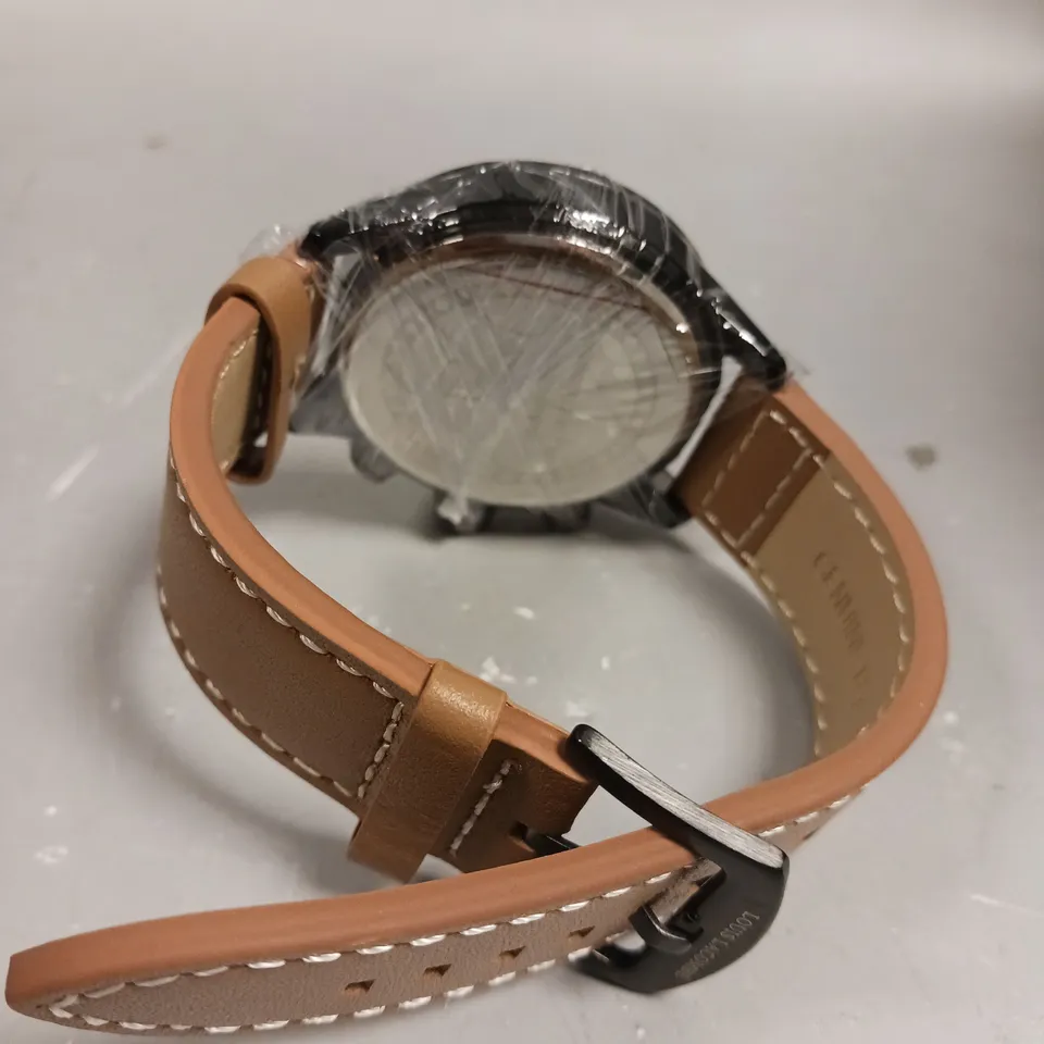 MENS LOUIS LACOMBE CHRONGRAPH WATCH – 3 SUB DIALS – BLACK CASE – LEATHER STRAP