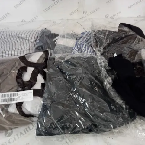 BOX OF ASSORTED CLOTHING ITEMS TOO INCLUDE DRESSES , SHIRTS AND TROUSERS IN VARIOUS SIZES AND COLOURS