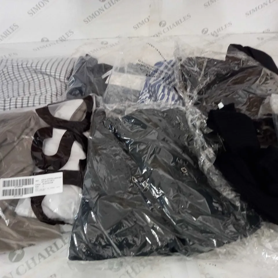  BOX OF ASSORTED CLOTHING ITEMS TOO INCLUDE DRESSES , SHIRTS AND TROUSERS IN VARIOUS SIZES AND COLOURS   