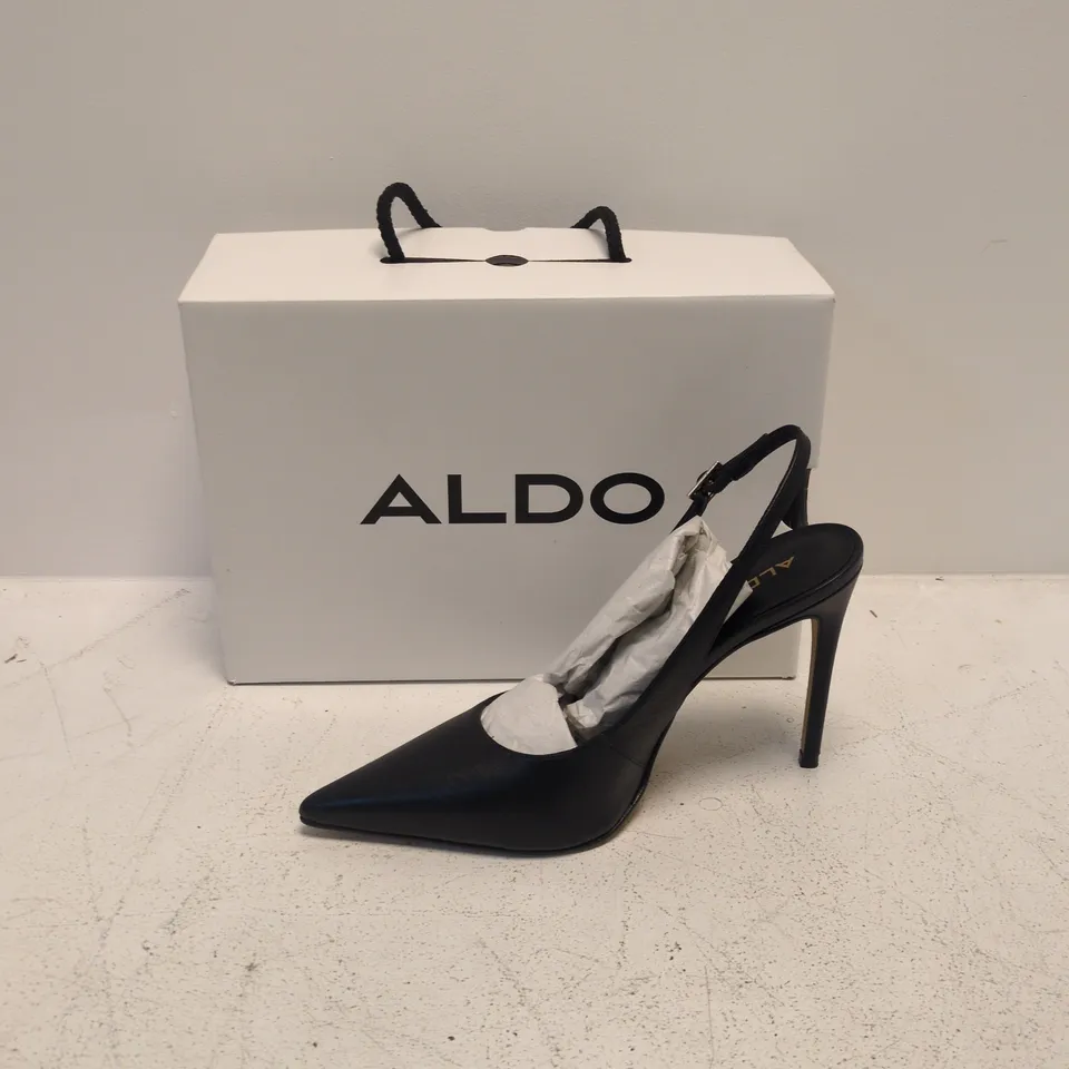 ALDO BLACK LEATHER HIGH HEEL PUMP WITH BUCKLED SLINGBACK – WOMEN'S, BOXED