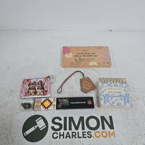 TOTE OF APPROXIMATELY 10 ASSORTED ITEMS INCLUDING LISA ANGEL AFFIRMATIONS FLIP CHART, TRIBAL SOUL INCENSE AND POP MODERN.C ESSENTIAL OIL ROLL ON GIFT SET