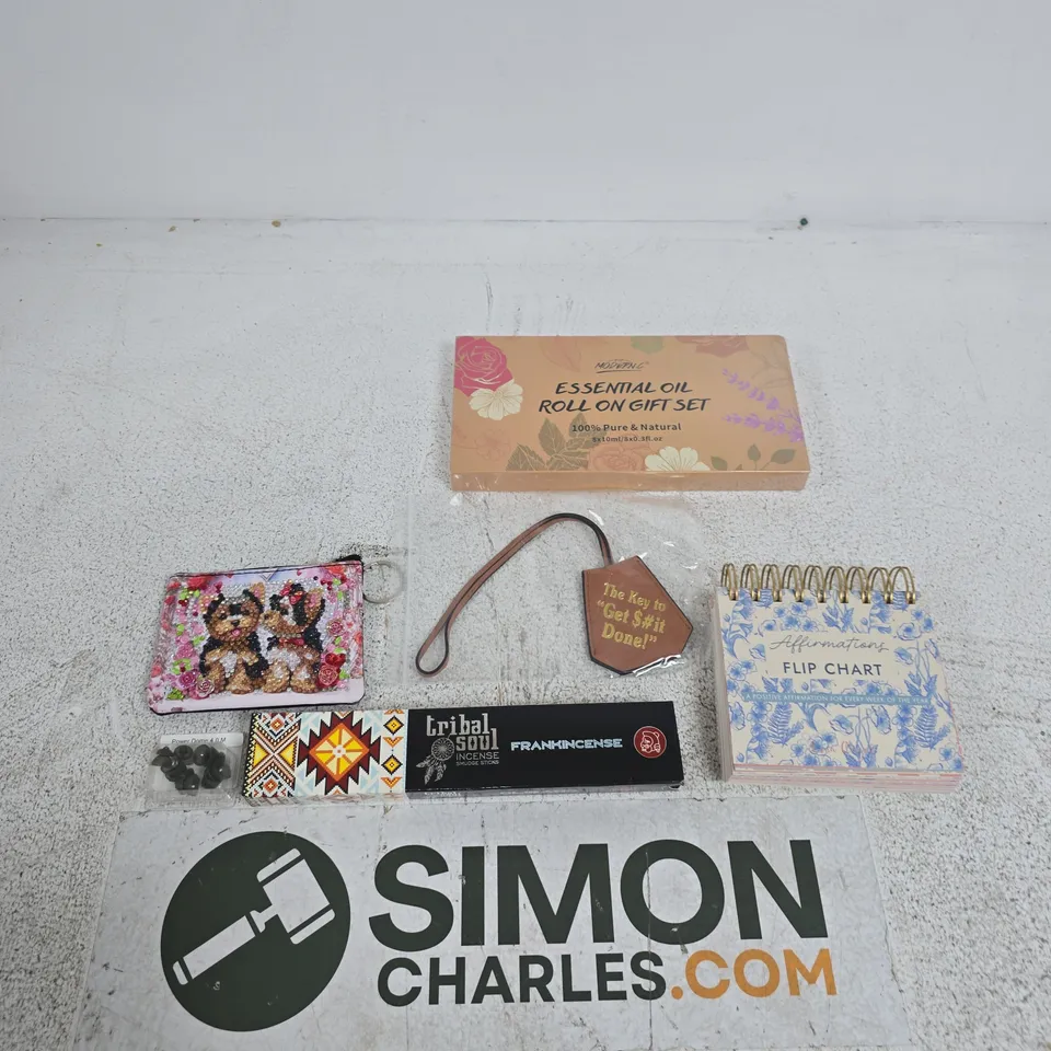 TOTE OF APPROXIMATELY 10 ASSORTED ITEMS INCLUDING LISA ANGEL AFFIRMATIONS FLIP CHART, TRIBAL SOUL INCENSE AND POP MODERN.C ESSENTIAL OIL ROLL ON GIFT SET