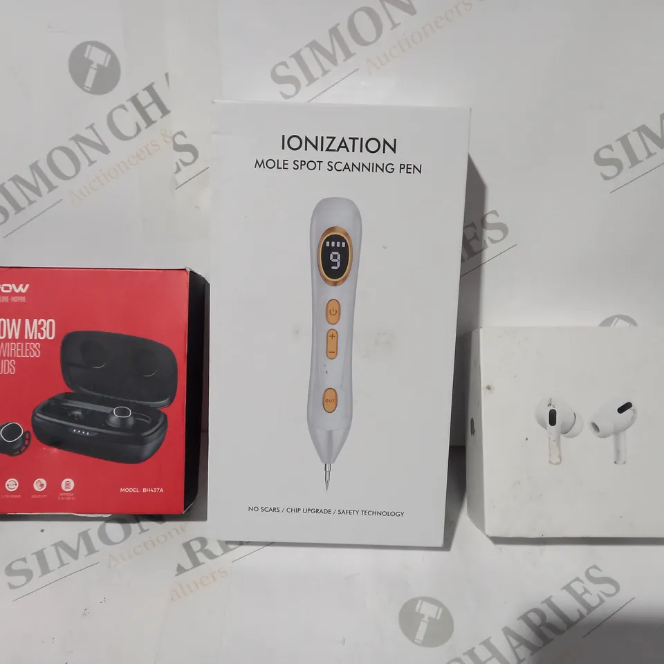 BOX OF APPROXIMATELY 10 ASSORTED HOUSEHOLD ITEMS TO INCLUDE WIRELESS EARBUDS, IONIZATION MOLE SPOT SCANNING PEN, MPOW M30 TRUE WIRELESS EARBUDS, ETC