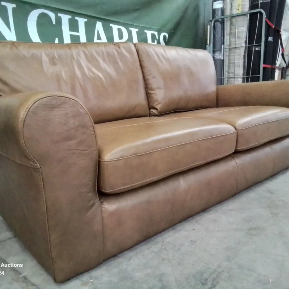 QUALITY DESIGNER 3 SEATER LEATHER UPHOLSTERED BROWN SOFA