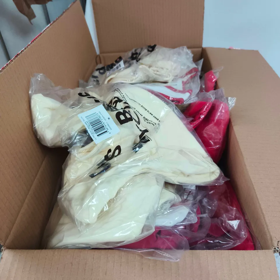 BOX OF APPROXIMATELY 30 ASSORTED CLOTHING ITEMS TO INCLUDE QUEEN SOMEBODY TO LOVE T SHIRT, DENIM SHORT SHORTS ETC