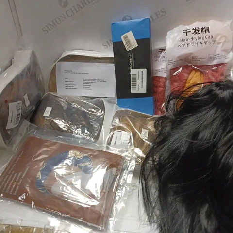 APPROXIMATELY 8 ASSORTED HAIR & COSMETICS ITEMS TO INCLUDE HAIR-DRYING CAPS, WIGS OF VARIOUS COLOURS AND STYLES, TEETH CLEANER, ETC