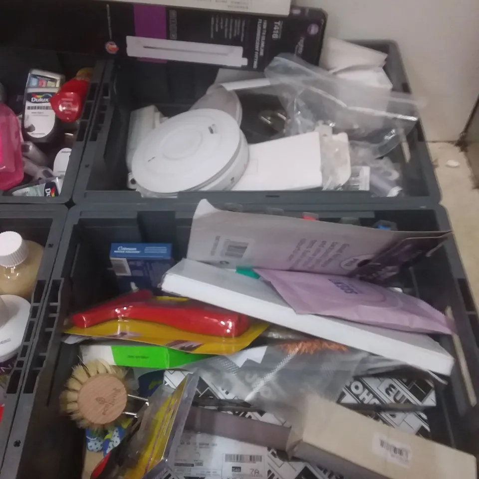4 TOTES OF ASSORTED ITEMS INCLUDING, PAINTING SUPPLIES, CLEANING PRODUCTS, SMOKE ALARM AND UNDER CABINET LIGHT 