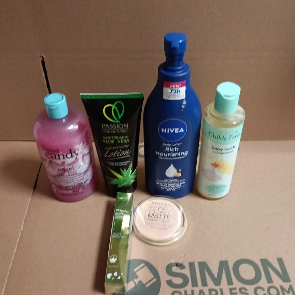 APPROXIMATEY 20 ASSORTED HEALTH AND BEAUTY PRODUCTS TO INCLUDE - NIVEA RICH MOISTURISING BODY LOTION - RIMMEL STAY MATTE FOUNDATION AND FROSTED CANDY BATH AND SHOWER GEL