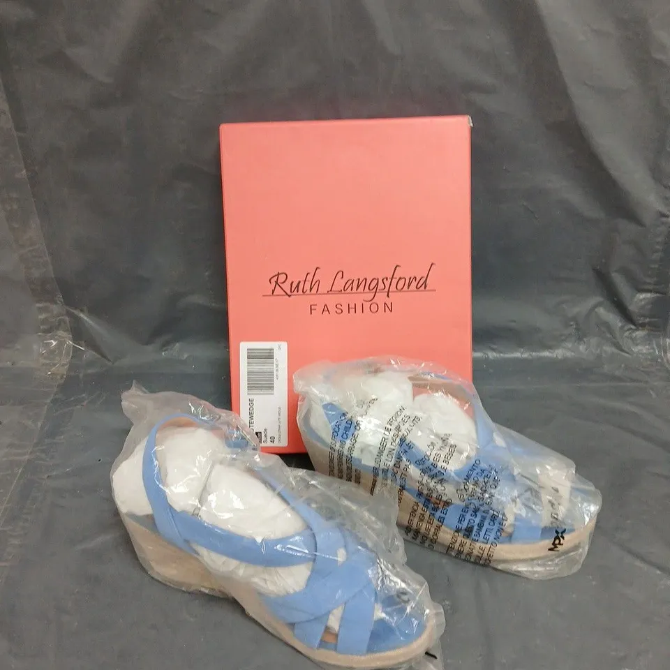 BOXED PAIR OF RUTH LANGSFORD CROSS STRAP JUTE WEDGE BLUE - SIZE 40 