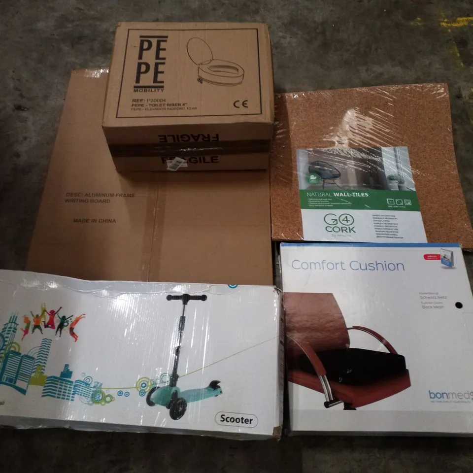 PALLET CONTAINING ASSORTED PRODUCTS INCLUDING TOILET RISER, WALL TILES, COMFORT CUSHION, SCOOTER & ALUMINIUM FRAME WRITING BOARD