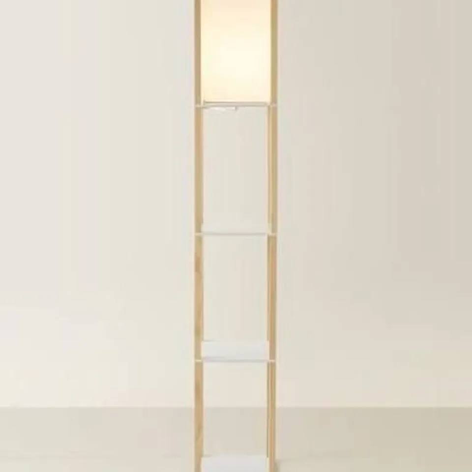 BOXED VALUELIGHTS STRUTTURA OAK SHELVING UNIT FLOOR LAMP WITH FABRIC SHADE