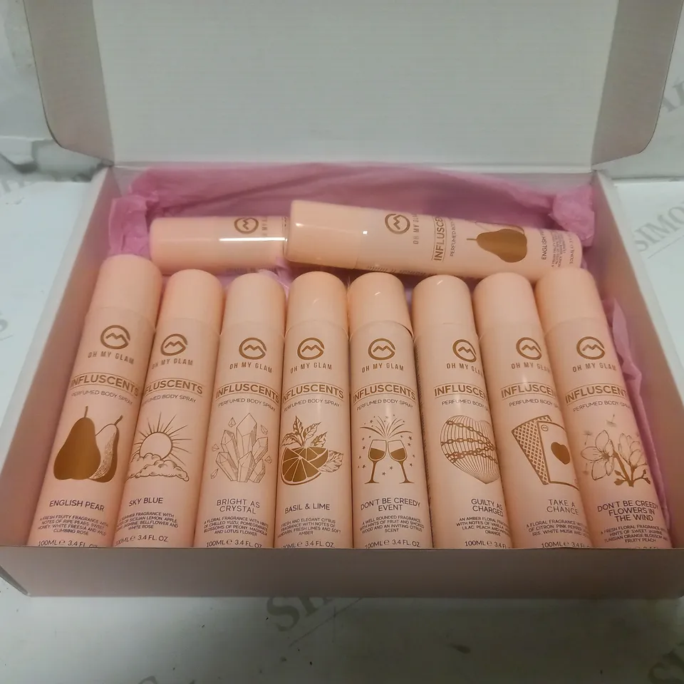 BOX Of APPROX 9 ASSORTED OH MY GLAM INFLUSCENTS PERFUMED BODY SPRAYS