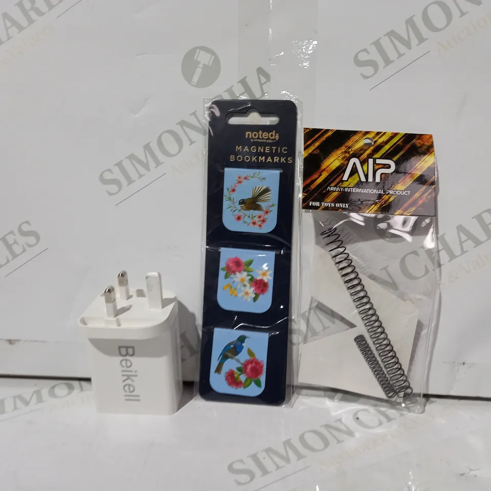 LOT OF APPROXIMATELY 10 ASSORTED HOUSEHOLD ITEMS TO INCLUDE AIP ENHANCED RECOIL HAMMER SPRING, MAGNETIC BOOKMARKS, BEIKELL POWER ADAPTER, ETC