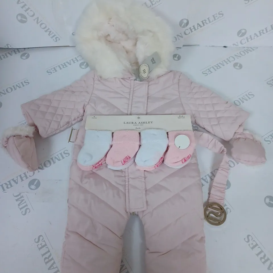 LAURA ASHLEY ALL IN ONE SNOWSUIT WITH FUR HOOD SIZE 0-6 MONTHS