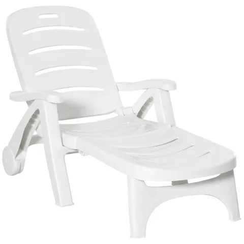 BOXED OUTSUNNY OUTDOOR FOLDING SUN LOUNGER RECLINER ON WHEELS W/ 5-POSITION BACKREST, WHITE (1 BOX)
